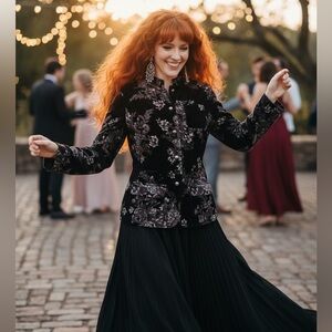 Vintage Beautiful Black Purplish Gray Floral Velour Cotton Blazer Jacket Size 12